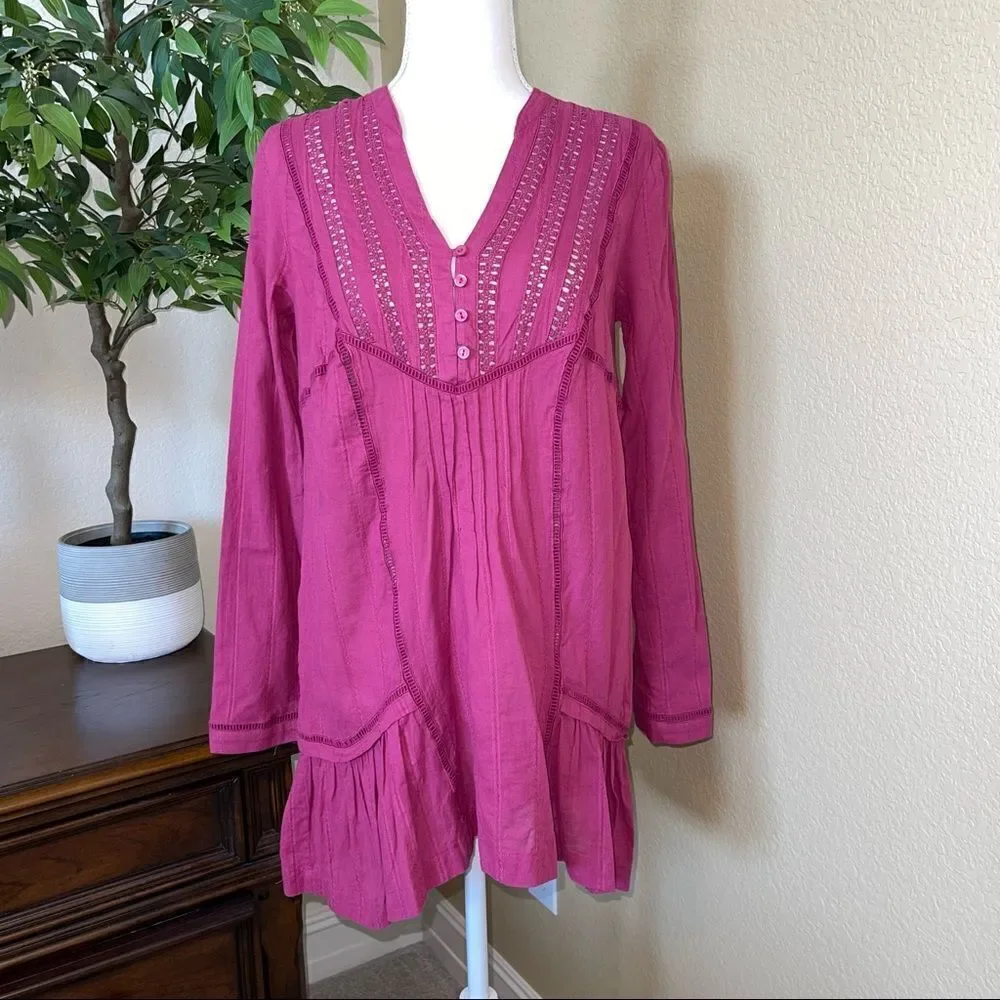 Free People Purple Crochet Ruffle Tunic Dress Top Long Sleeve XS